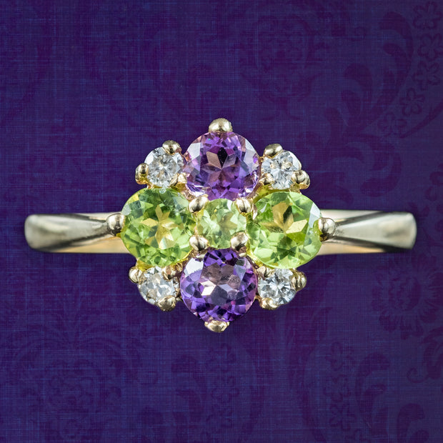Edwardian Suffragette Style Cluster Ring Amethyst Peridot Diamond