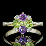 Edwardian Suffragette Style Cluster Ring Amethyst Peridot Diamond