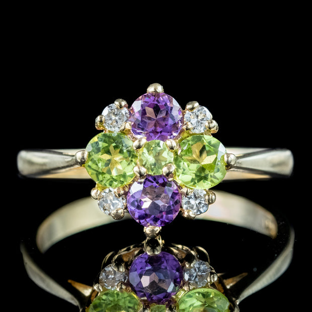 Edwardian Suffragette Style Cluster Ring Amethyst Peridot Diamond