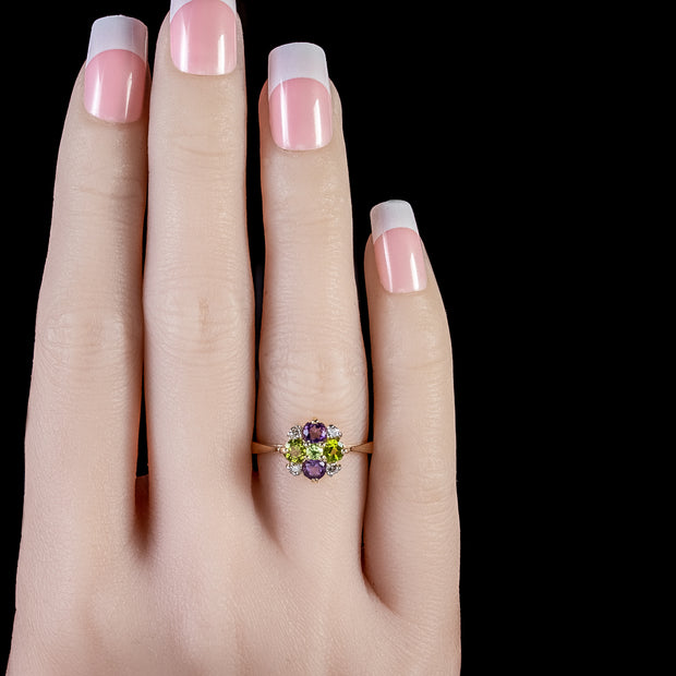 Edwardian Suffragette Style Cluster Ring Amethyst Peridot Diamond