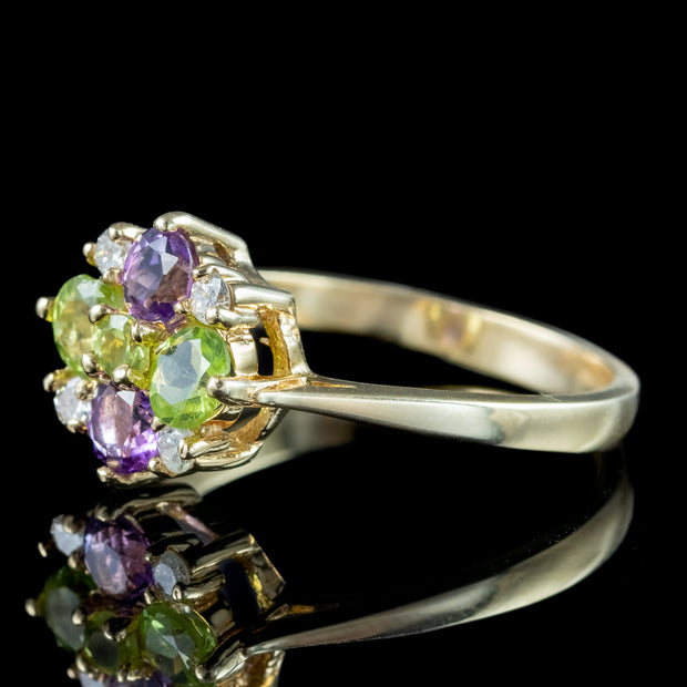 Edwardian Suffragette Style Cluster Ring Amethyst Peridot Diamond