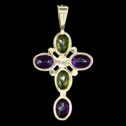 Edwardian Suffragette Style Cross Pendant 9ct Gold Amethyst Peridot Pearl