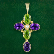 Edwardian Suffragette Style Cross Pendant 9ct Gold Amethyst Peridot Pearl