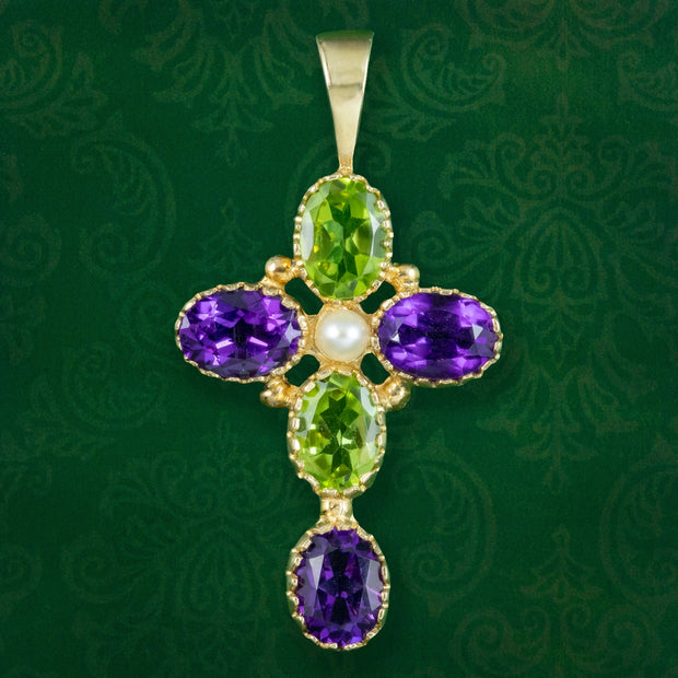 Edwardian Suffragette Style Cross Pendant 9ct Gold Amethyst Peridot Pearl