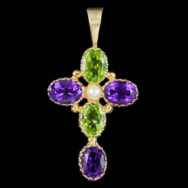 Edwardian Suffragette Style Cross Pendant 9ct Gold Amethyst Peridot Pearl