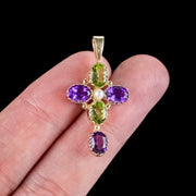 Edwardian Suffragette Style Cross Pendant 9ct Gold Amethyst Peridot Pearl