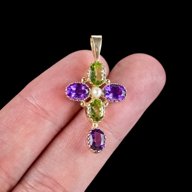 Edwardian Suffragette Style Cross Pendant 9ct Gold Amethyst Peridot Pearl