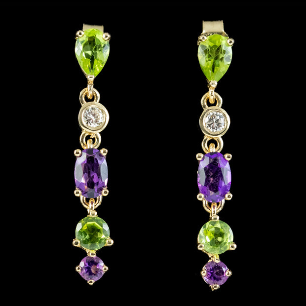 Edwardian Suffragette Style Drop Earrings Amethyst Peridot Diamond