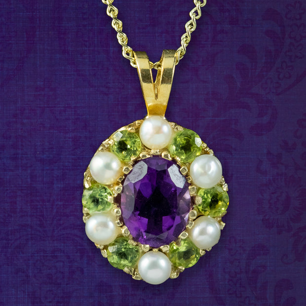 Edwardian Style Suffragette Pendant Necklace Amethyst Peridot Pearl
