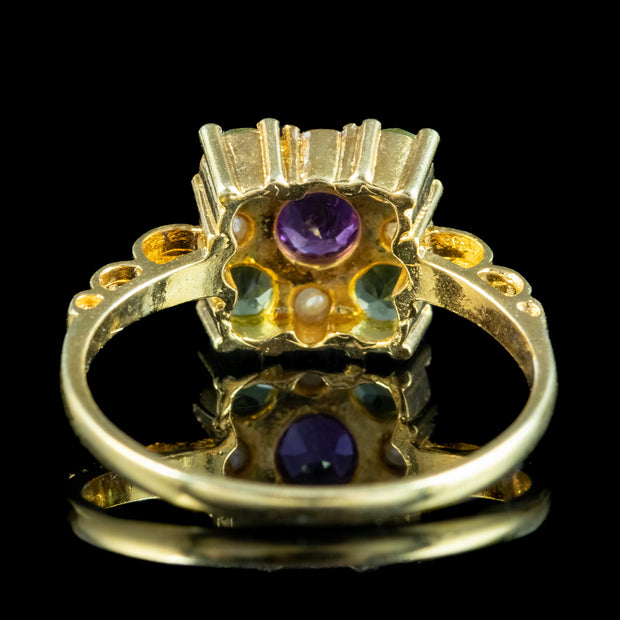 Edwardian Style Suffragette Cluster Ring Amethyst Peridot Pearl 