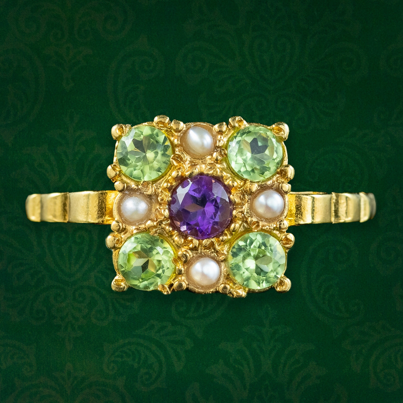 Edwardian Style Suffragette Cluster Ring Amethyst Peridot Pearl