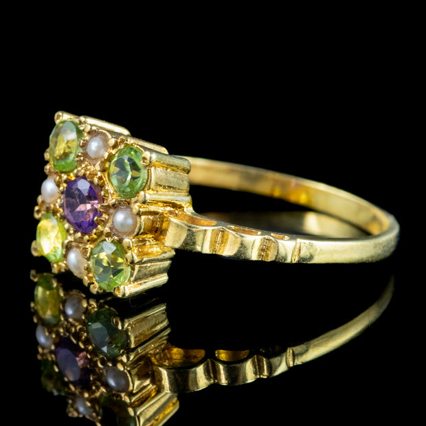 Edwardian Style Suffragette Cluster Ring Amethyst Peridot Pearl 