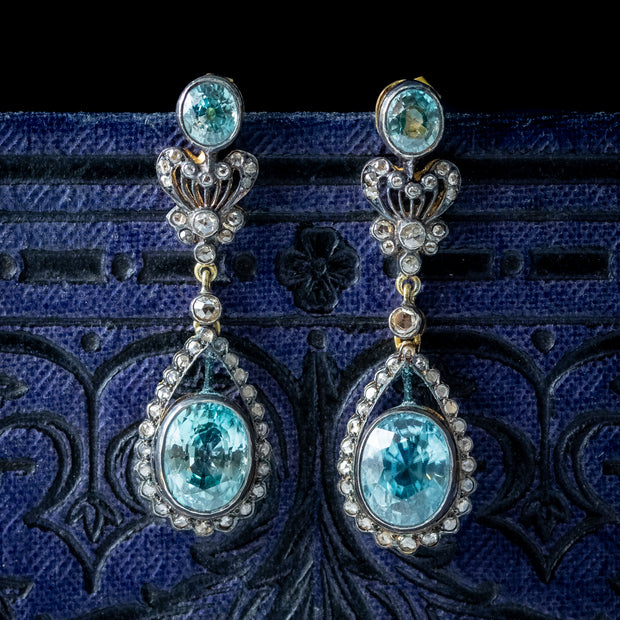 Edwardian Style Blue Zircon Diamond Earrings 7.8ct Of Zircon