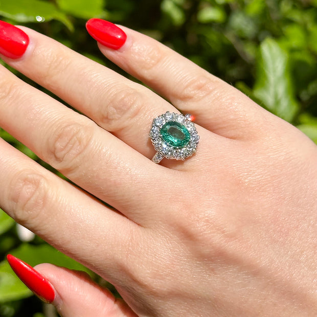 Edwardian Style Emerald Diamond Cluster Ring 2ct Emerald