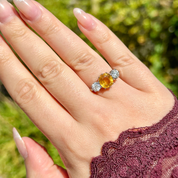 Edwardian Style Yellow Sapphire Diamond Trilogy Ring 1.8ct Sapphire