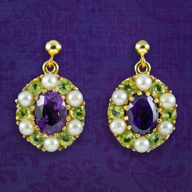 Edwardian Suffragette Style Drop Earrings Amethyst Peridot Pearl