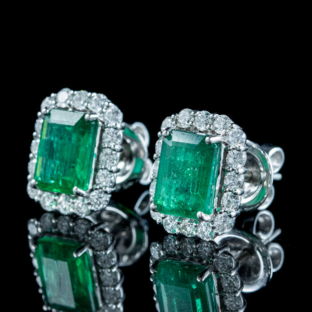 Art Deco Style Emerald Diamond Stud Earrings 18ct Gold 4.28ct Emerald