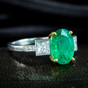 Art Deco Style Emerald Diamond Trilogy Ring 2.51ct Emerald With Cert