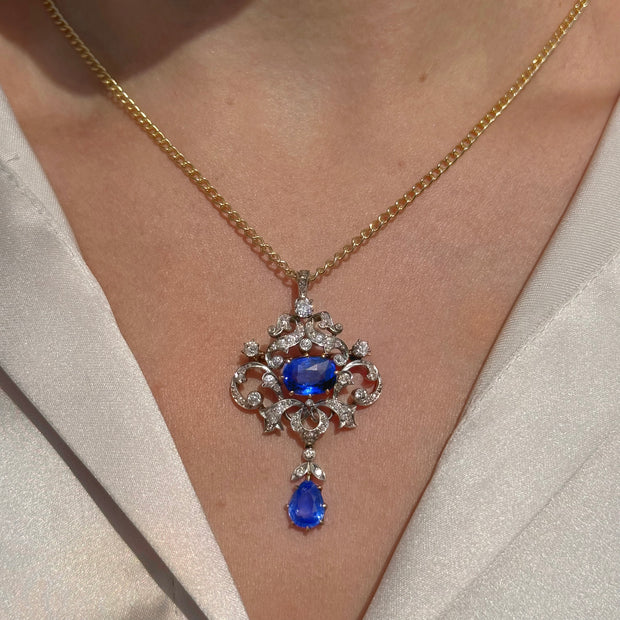 Antique Edwardian Ceylon Sapphire Diamond Pendant 6.04ct Sapphires With Cert