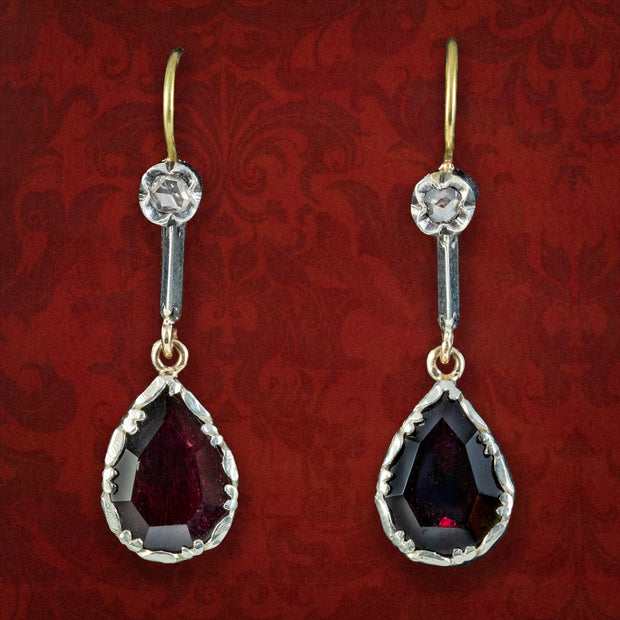 Georgian Style Garnet Diamond Drop Earrings Silver 18ct Gold