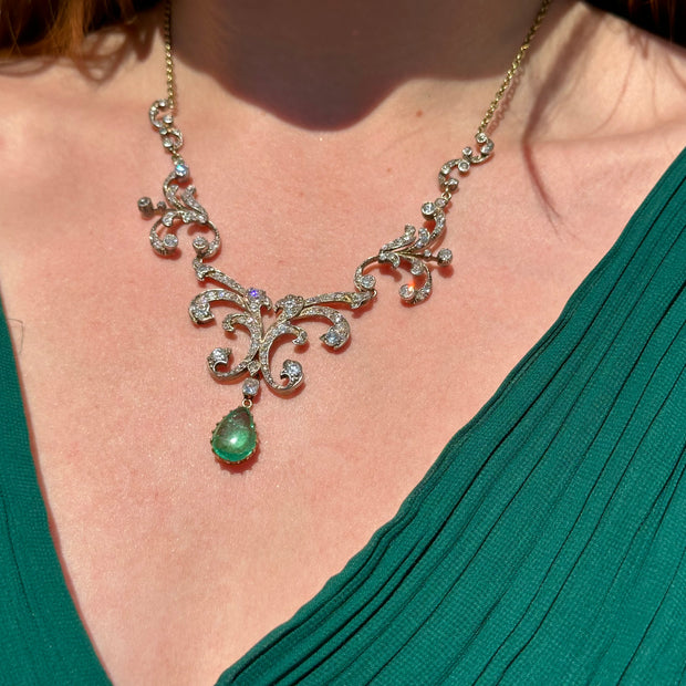 Antique Victorian Emerald Diamond Lavaliere Necklace 5ct Emerald