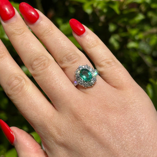 Edwardian Style Emerald Diamond Cluster Ring 2ct Emerald