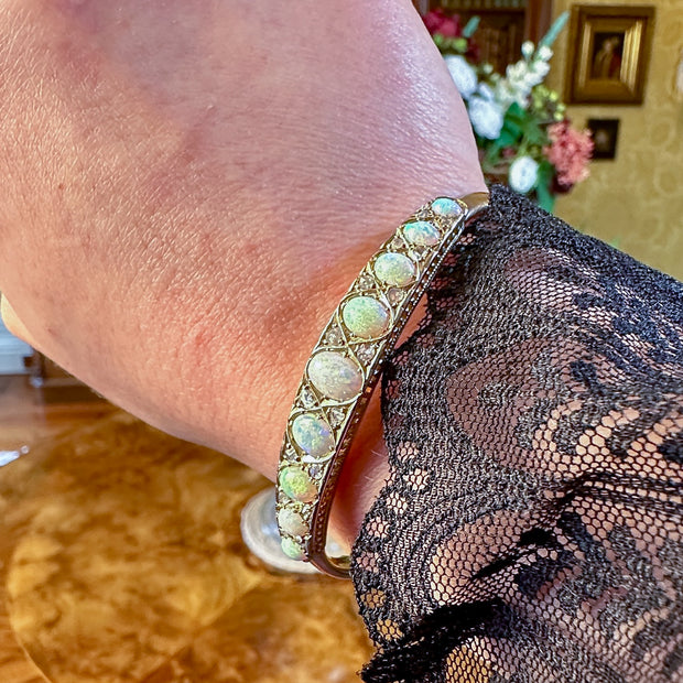 Antique Victorian Opal Diamond Bangle 18ct Gold