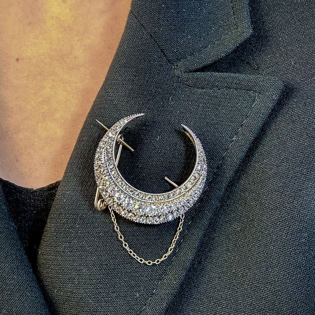 Antique Victorian Diamond Crescent Moon Brooch 4.5ct Total