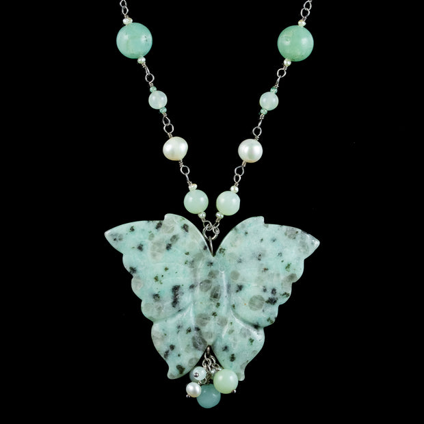Kiwi Jasper Pearl Butterfly Bead Necklace Sterling Silver