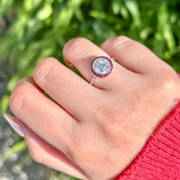 Art Deco Style Lab Grown Diamond Ruby Target Ring 2.47ct Diamond