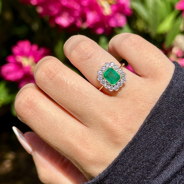 Edwardian Style Emerald Diamond Cluster Ring 2.13ct Emerald