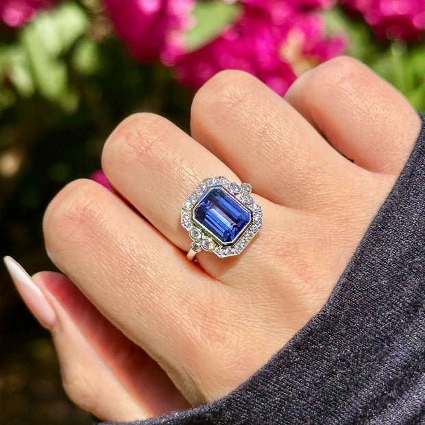 Art Deco Style Tanzanite Diamond Cluster Ring 3.55ct Tanzanite