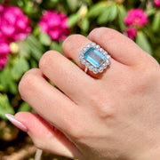 Edwardian Style Aquamarine Diamond Cluster Ring 3.93ct Aqua