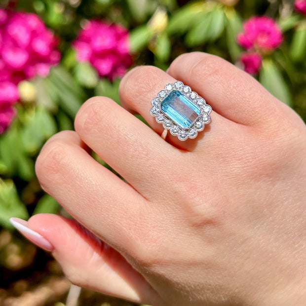 Edwardian Style Aquamarine Diamond Cluster Ring 3.93ct Aqua