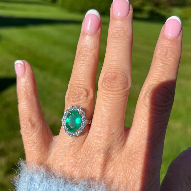Edwardian Style Emerald Diamond Cluster Ring 3.69ct Emerald