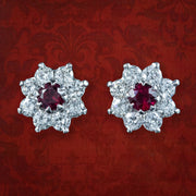 Edwardian Style Ruby Diamond Flower Stud Earrings 18ct Gold