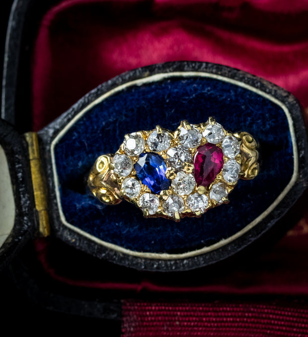 Antique Victorian Cluster Ring Entwined Diamond Sapphire Ruby Heart