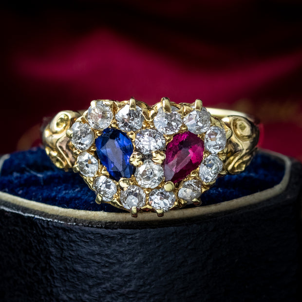 Antique Victorian Cluster Ring Entwined Diamond Sapphire Ruby Heart