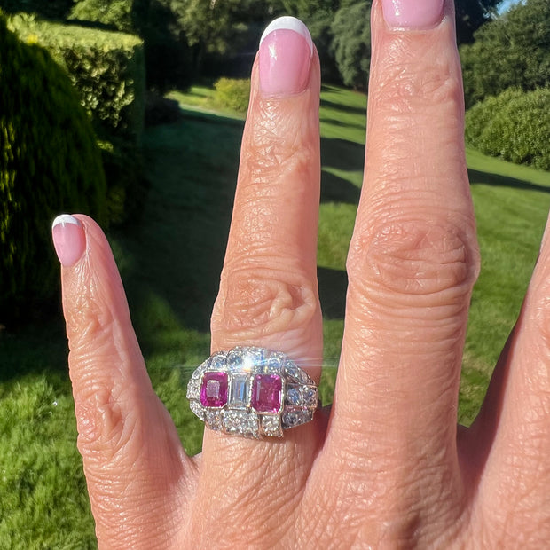 Art Deco Pink Sapphire Diamond Cluster Ring 