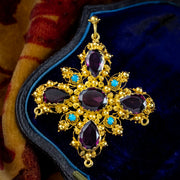 Antique Georgian Garnet Turquoise Pendant Brooch 18ct Gold