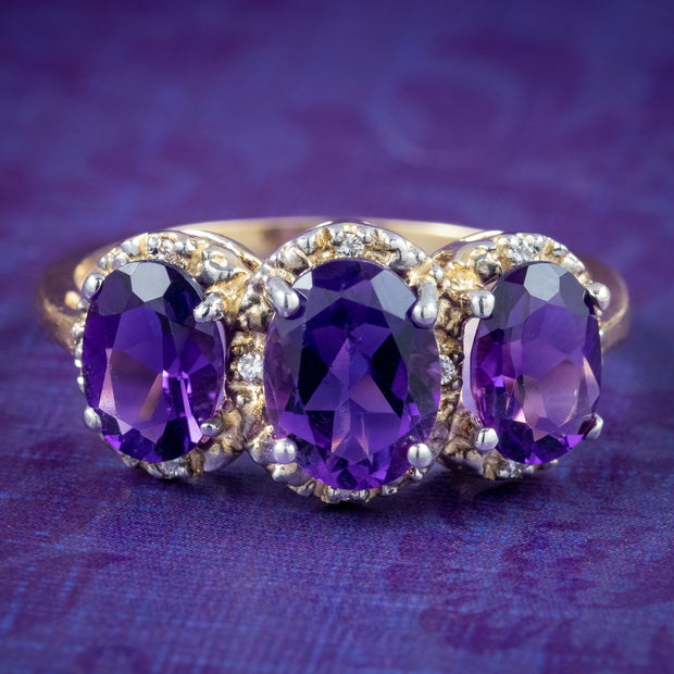 Victorian Style Amethyst Diamond Trilogy Ring 