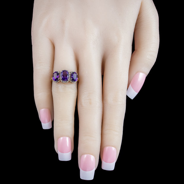 Victorian Style Amethyst Diamond Trilogy Ring 