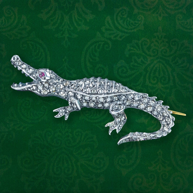 Victorian Style Diamond Crocodile Brooch With Ruby Eye