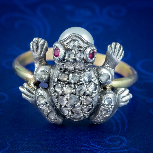Victorian Style Diamond Pearl Frog Ring Ruby Eyes