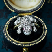 Victorian Style Diamond Pearl Frog Ring Ruby Eyes
