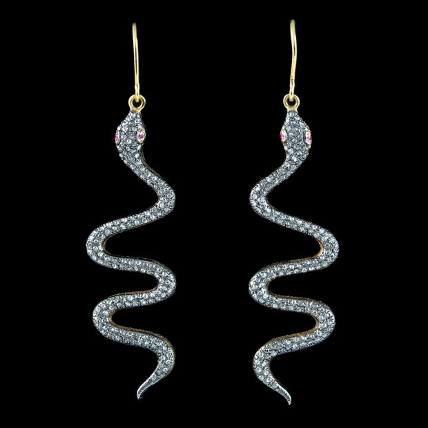 Victorian Style Diamond Snake Drop Earrings 18ct Gold Silver