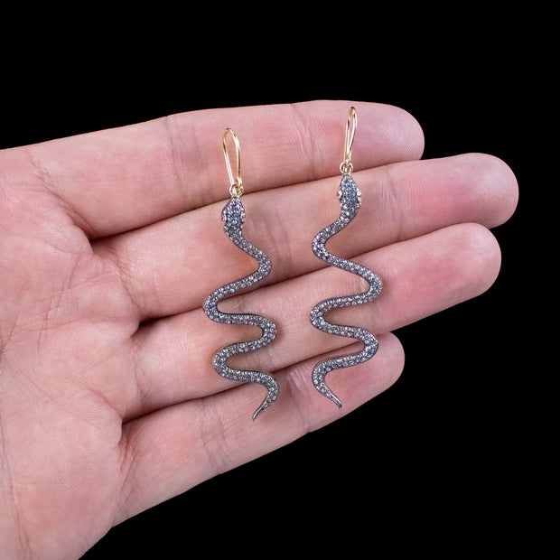 Victorian Style Diamond Snake Drop Earrings 18ct Gold Silver