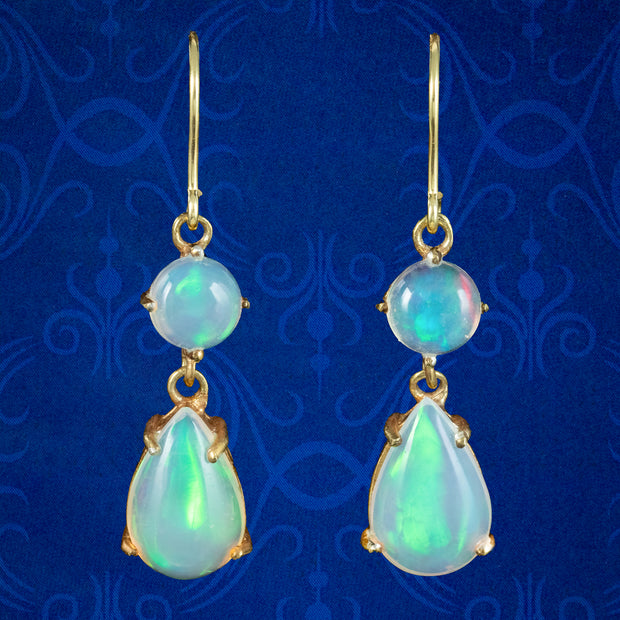 Victorian Style Jelly Opal Drop Earrings 9ct Gold 6.2ct Of Opal