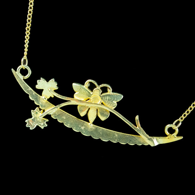 Victorian Style Opal Butterfly Crescent Lavaliere Necklace Silver Gold Gilt