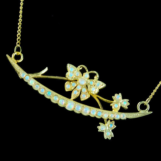Victorian Style Opal Butterfly Crescent Lavaliere Necklace Silver Gold Gilt
